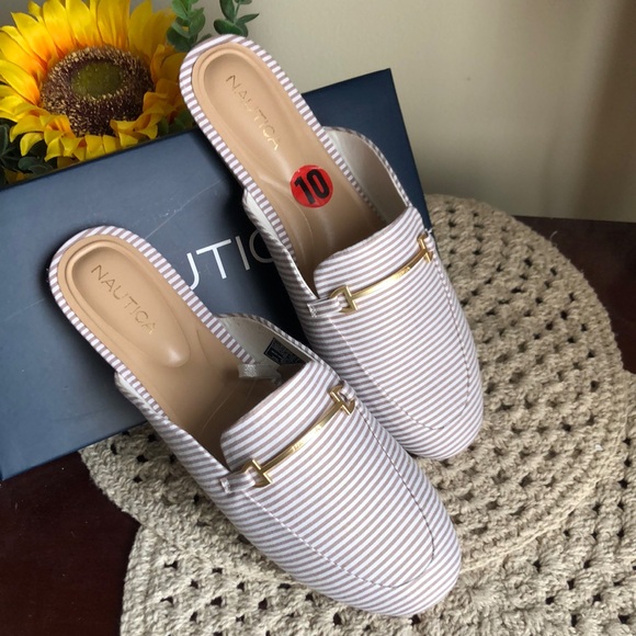 Nautica Shoes - Nautica Tan & White Striped Slip-On Mules with Gold Accent